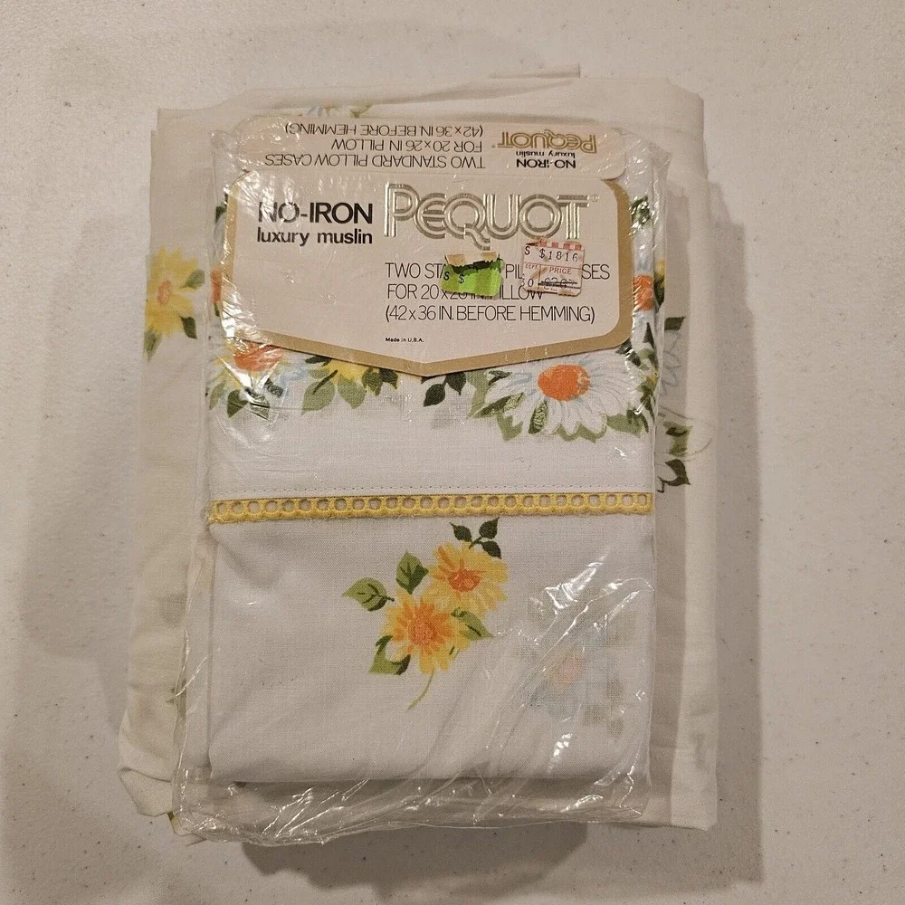 Vintage Pequot Maytime Twin Flat Sheet & 2 Pillowcases Set Yellow Daisy Floral